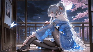 月夜廊下银发少女