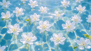 波光碧水浮白花