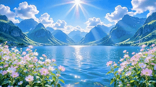 晴日湖畔花海