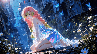 巷口花蝶间的粉发少女