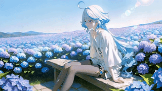 花海闲坐的蓝发少女