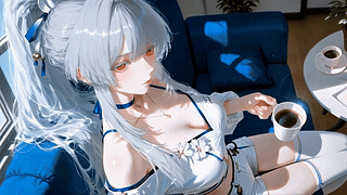 窗边银发少女的咖啡时光