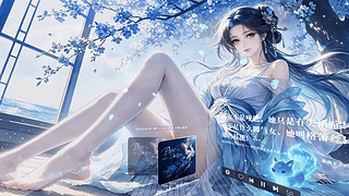 蓝衣古风仙侠少女与萌宠