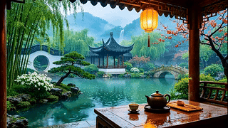 国风园林雨景