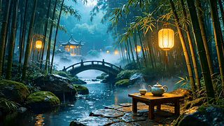 雨天竹林小桥溪流