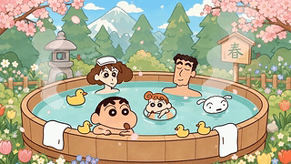 小新一家泡温泉