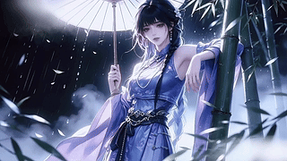 竹林雨中古风少女