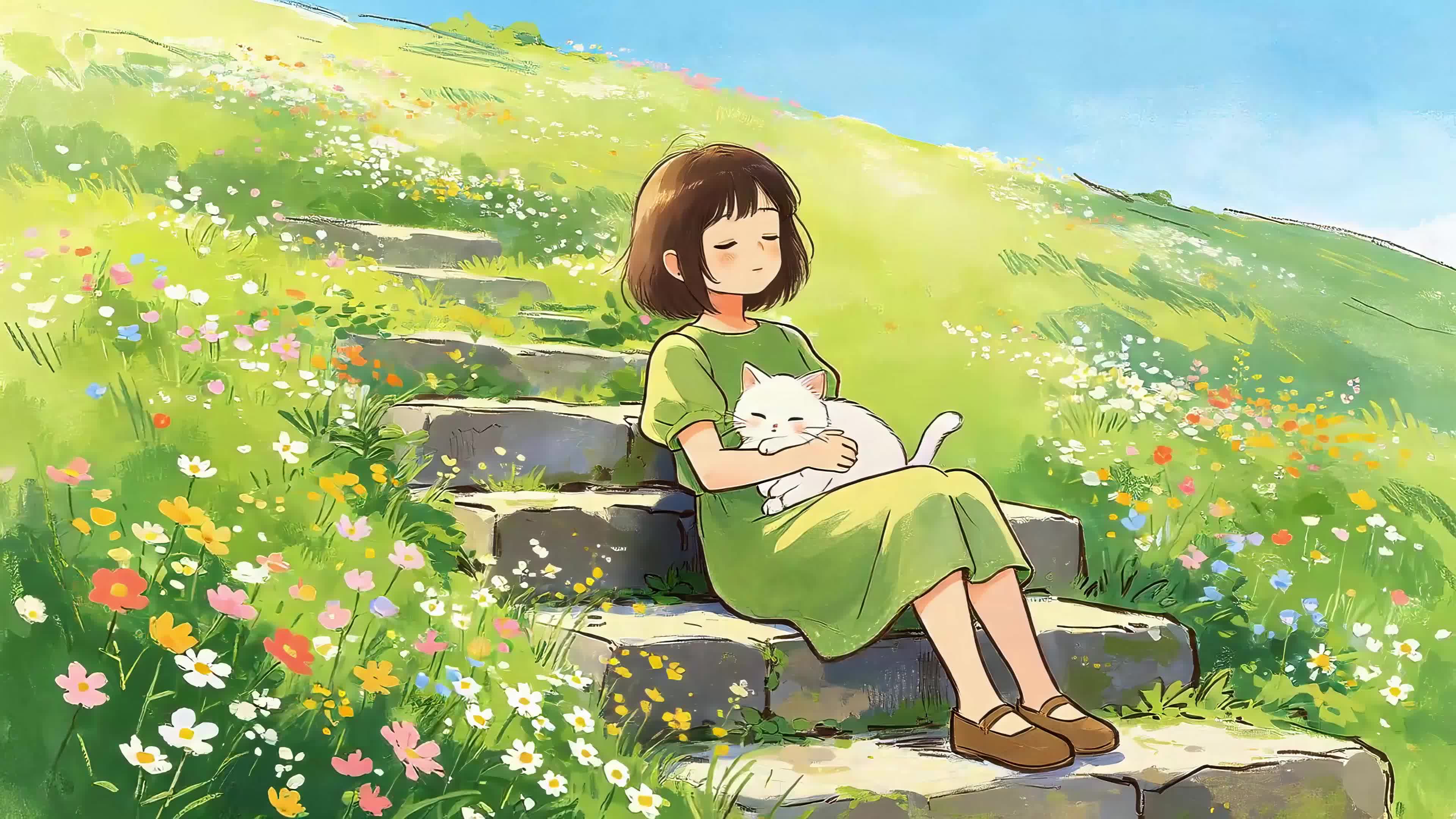 台阶上的女孩和猫咪