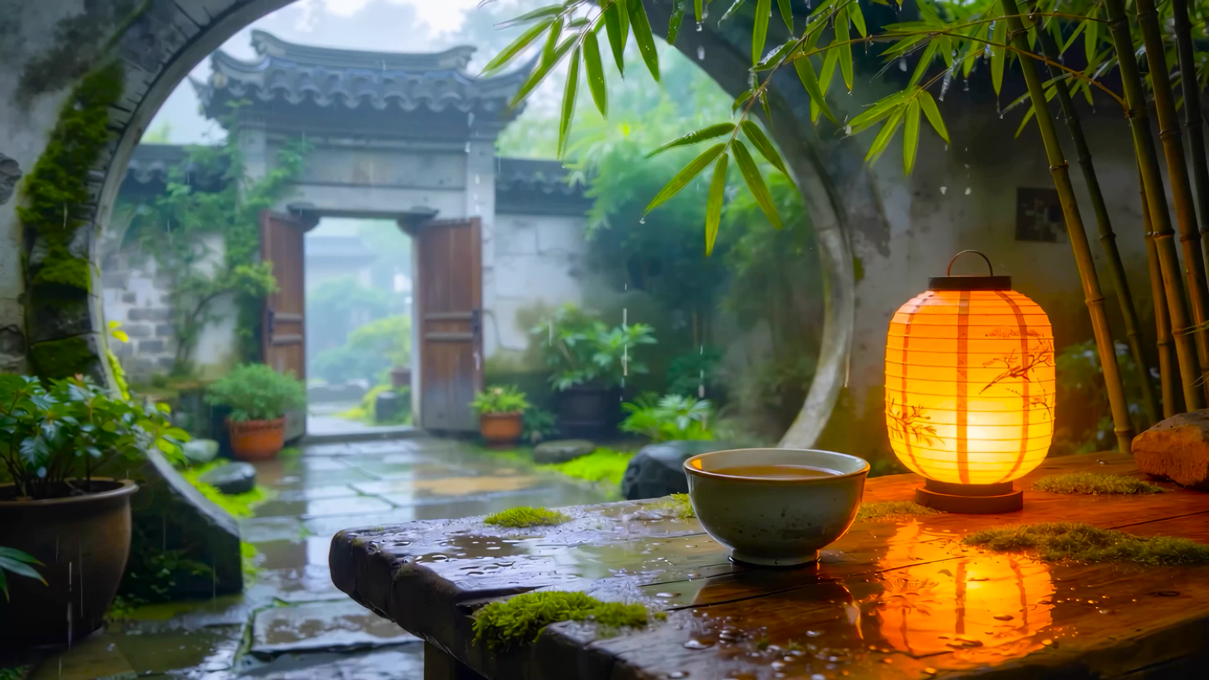 国风庭院雨景
