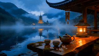 国风山水雨天湖面