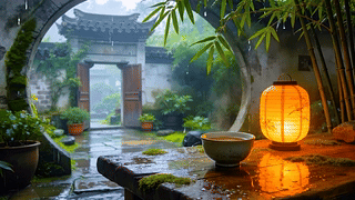 国风庭院雨景