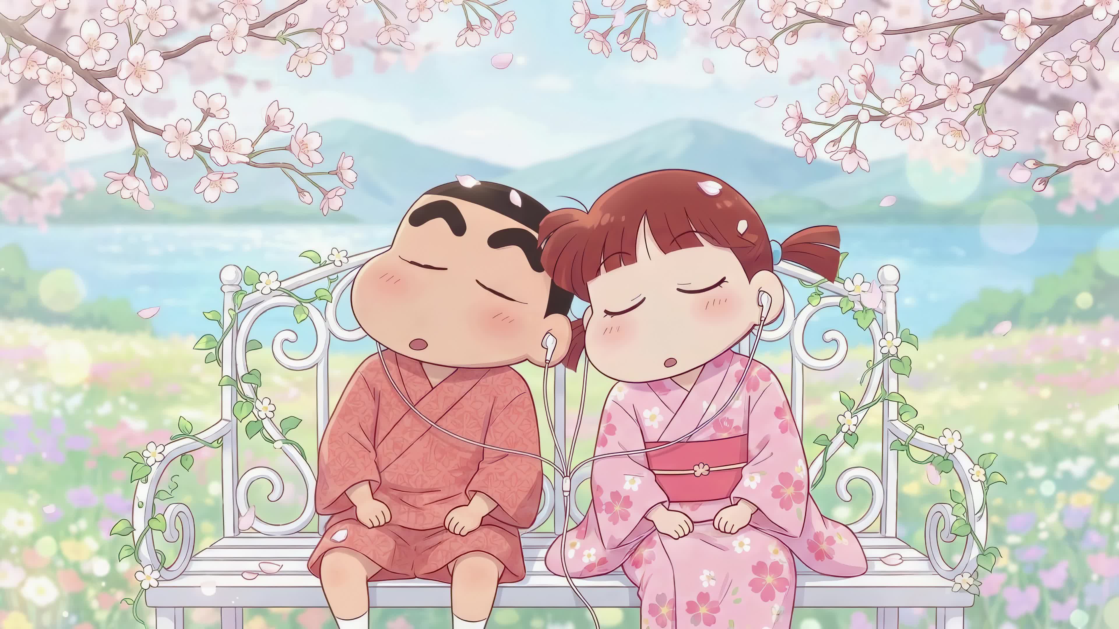 樱花树下的小新和妮妮