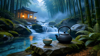 放松竹林流水木屋
