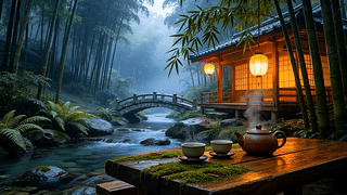 雨天竹林木屋流水