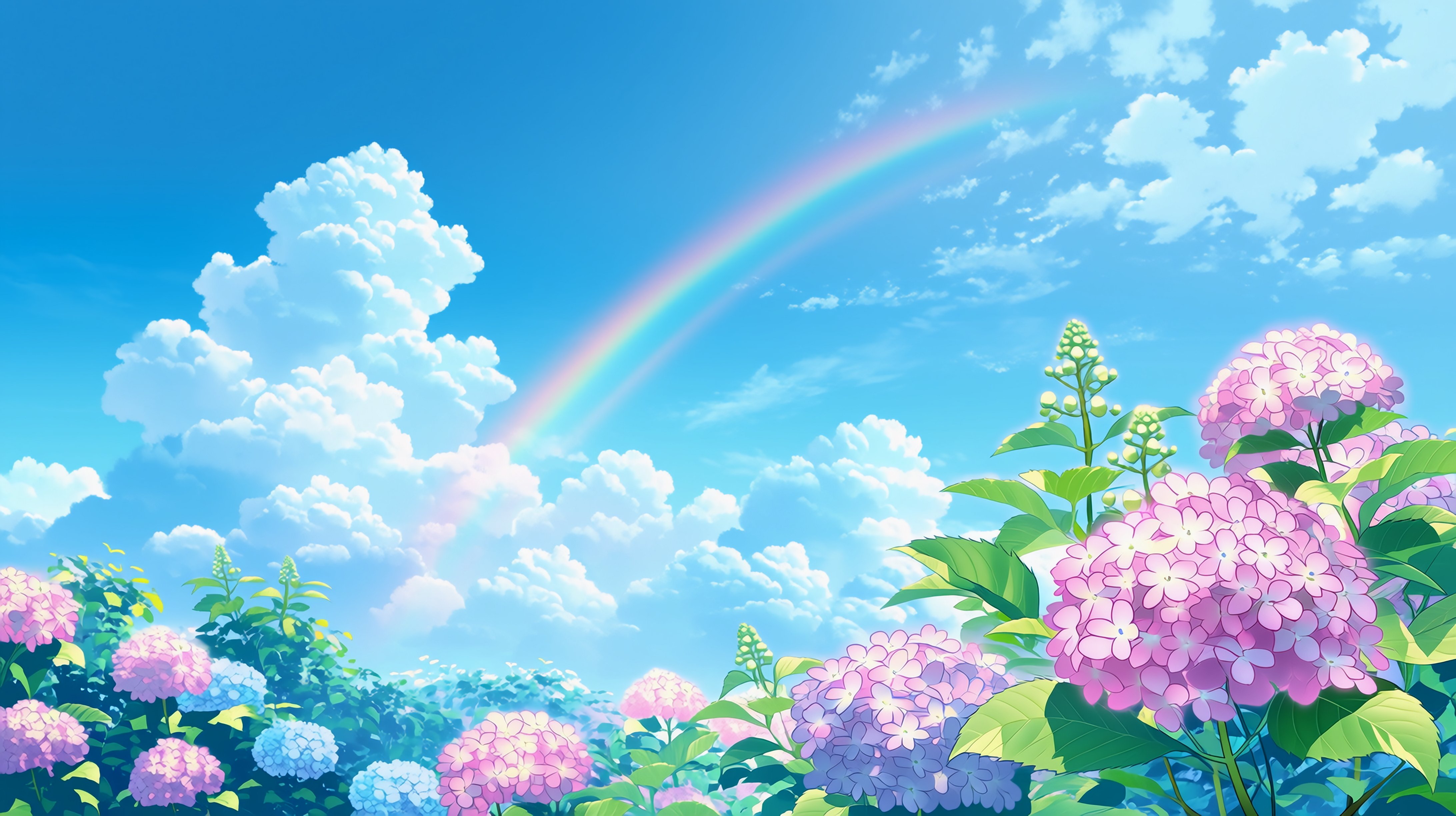 蓝天白云彩虹绣球花