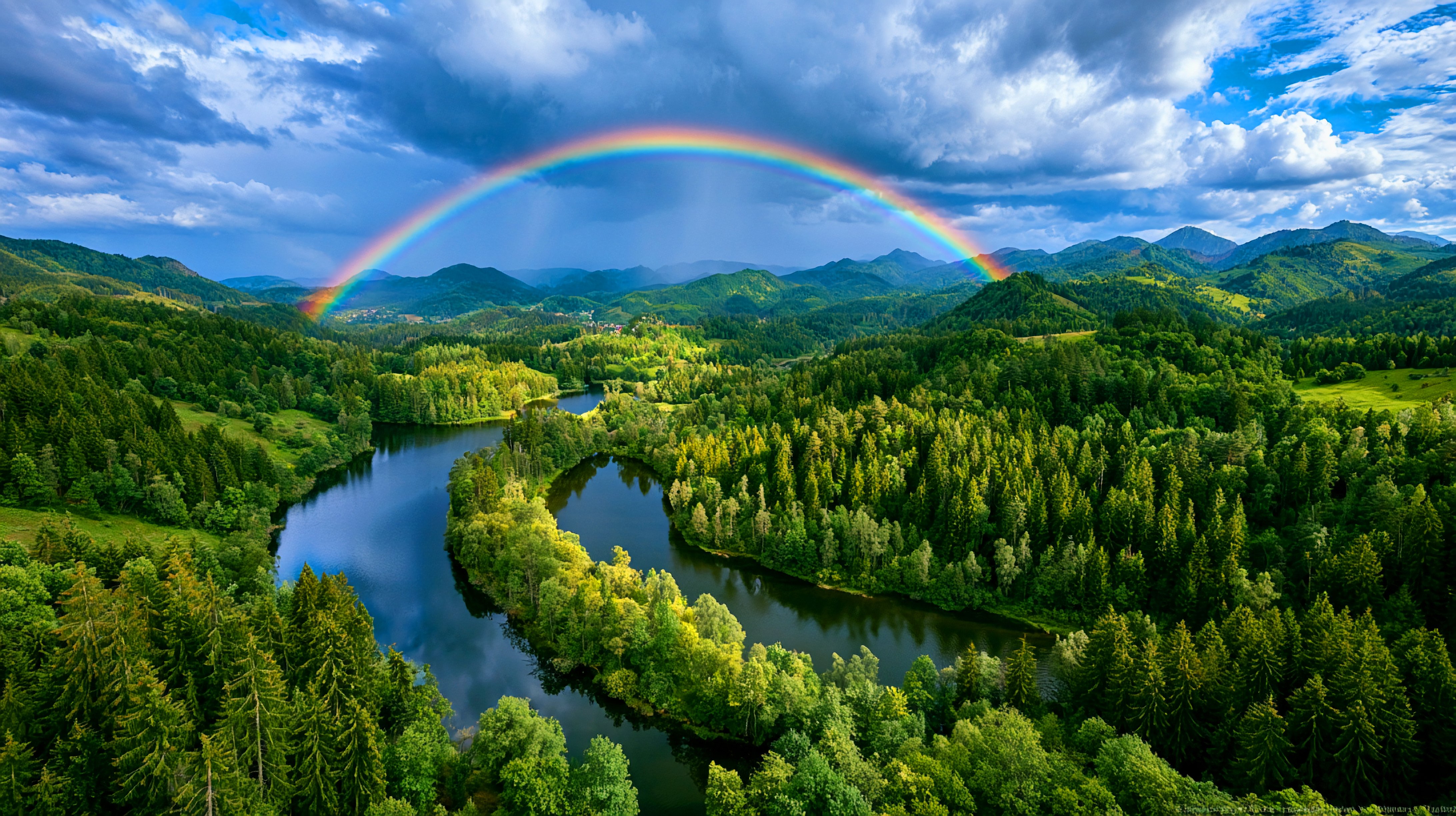 山川流水彩虹美丽风景