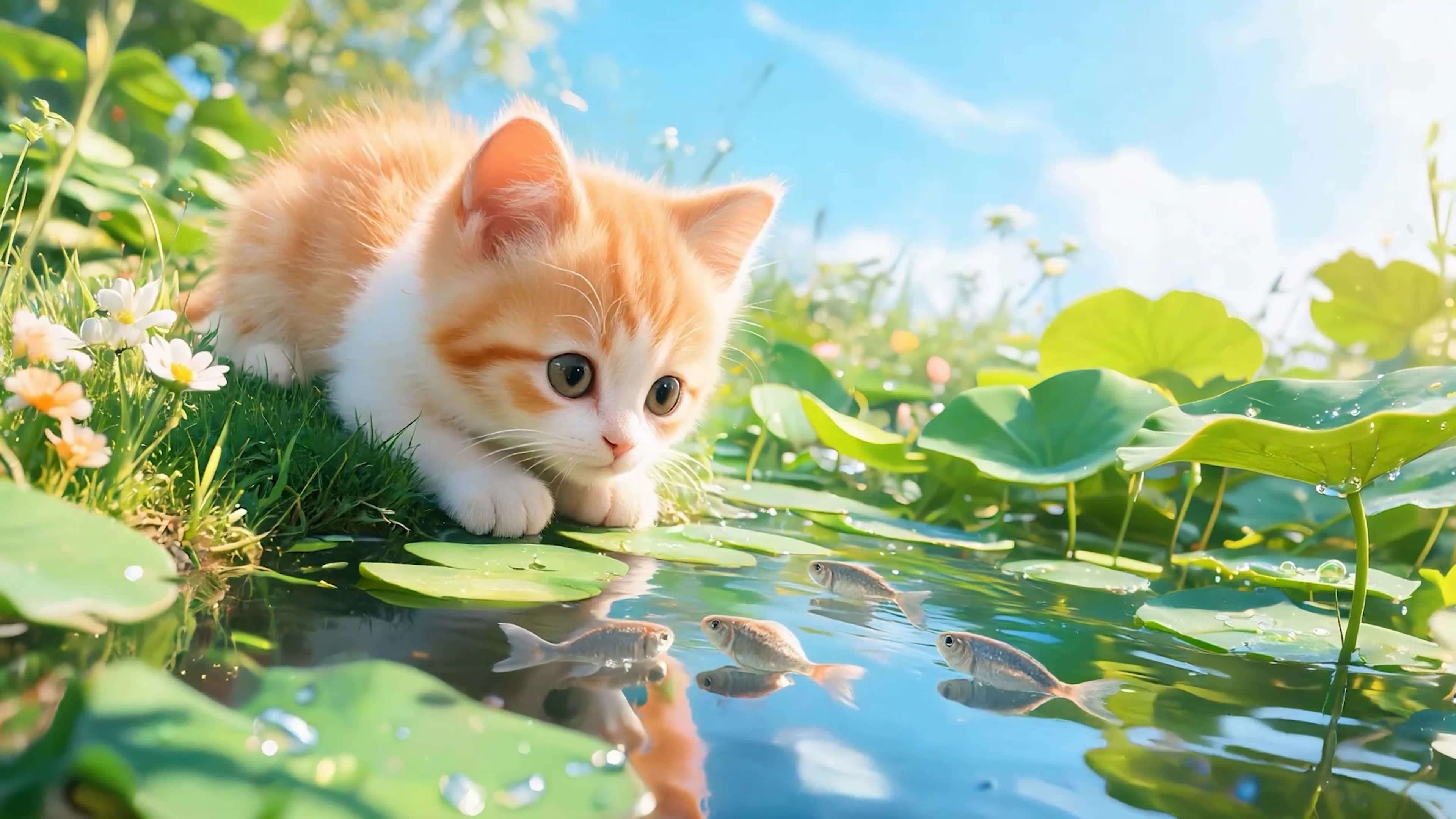 猫咪望着池塘鱼