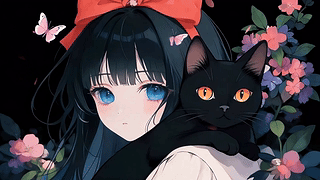 女孩和他的小黑猫