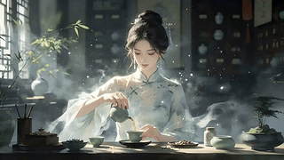 品茶的旗袍少女