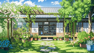 治愈插画木屋庭院