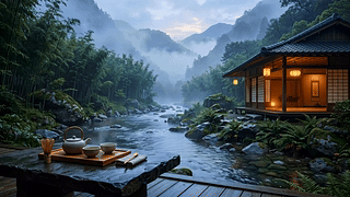 国风山水溪流木屋