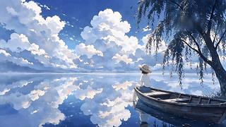 湖心舟看风景少女
