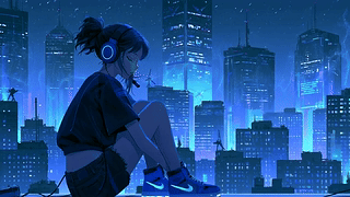 蓝色调夜幕下的少女