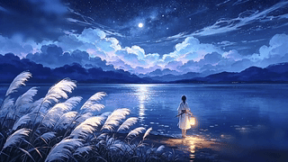 月夜芦苇荡少女