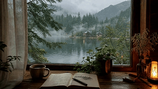 窗畔雾湖山林