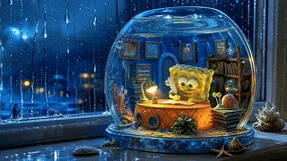 雨夜窗边的海绵宝宝