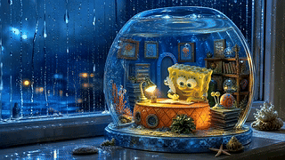 雨夜窗边的海绵宝宝