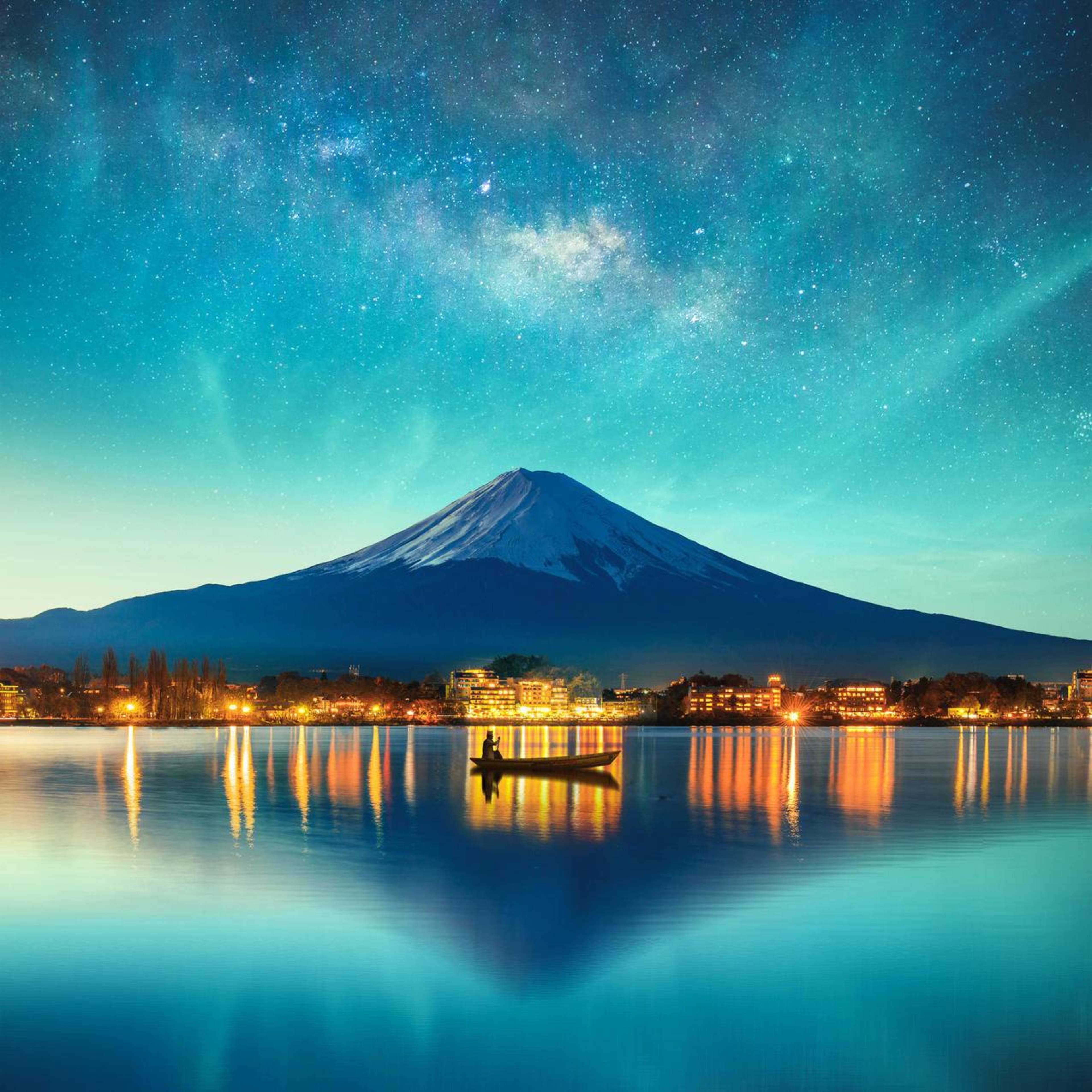 夜晚 星空 倒影 灯光