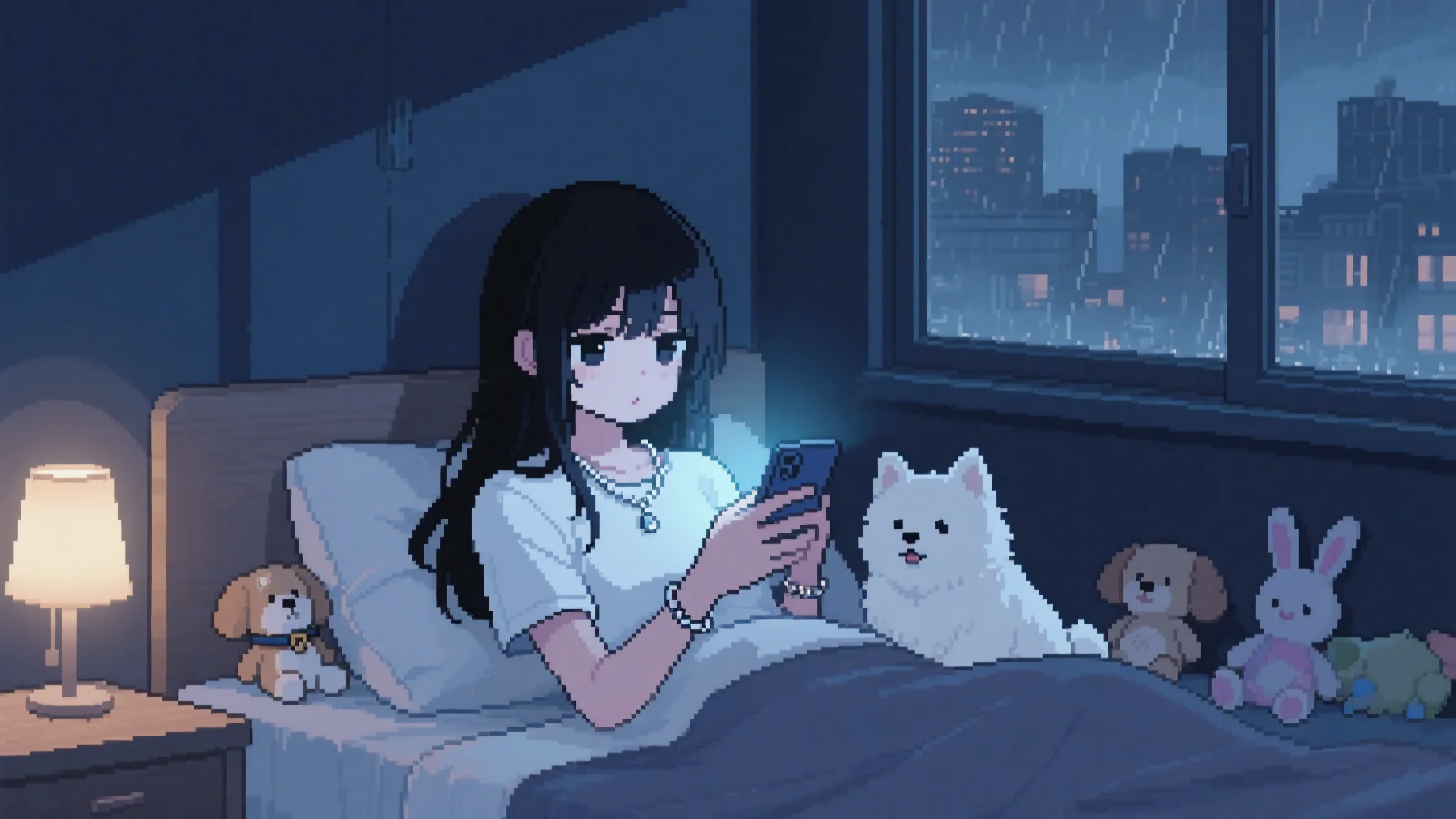 像素风玩手机的少女