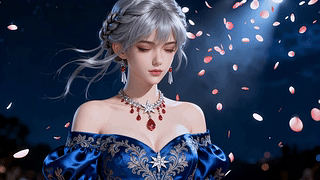 夜色下银发蓝衣优雅少女