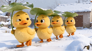 雪天结伴出游的小黄鸭