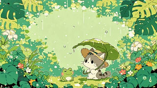 夏日雨中小猫与青蛙