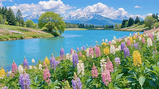 湖畔花海雪山盛景