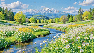 晴日山间溪谷花海