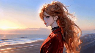 海边落日红发少女