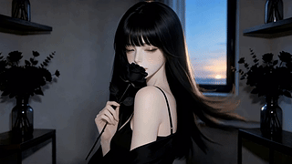 窗边持黑玫瑰的少女