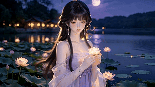 月夜荷塘捧莲少女