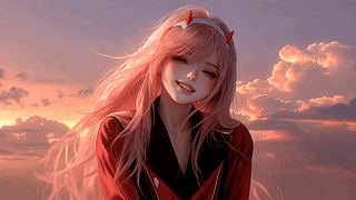 粉发晚霞甜笑少女