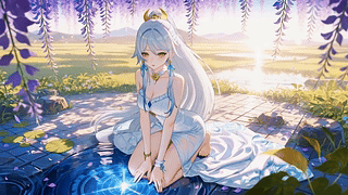 紫藤花下浅溪少女