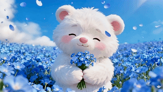 蓝花海里的软萌小白熊