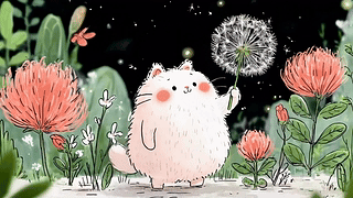 月夜花丛软萌小猫