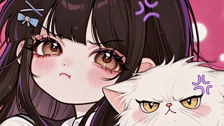 气鼓鼓的少女与小猫