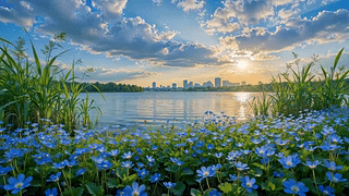 蓝花湖畔晴空落日