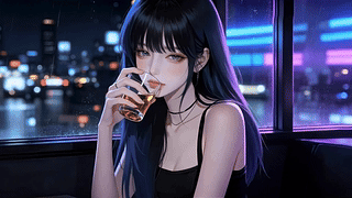 雨夜窗边品酒少女