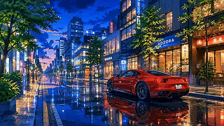 暮色都市雨夜红色超跑