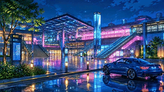 霓虹雨夜都市广场